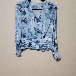 White House Black Market Blue Wrap Blouse with Mandarin Collar and Long Sleeves